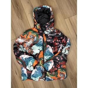 Reason Jacket Mens Large Multicolor Hooded Puffer Tiger Dragon Print Tattoo